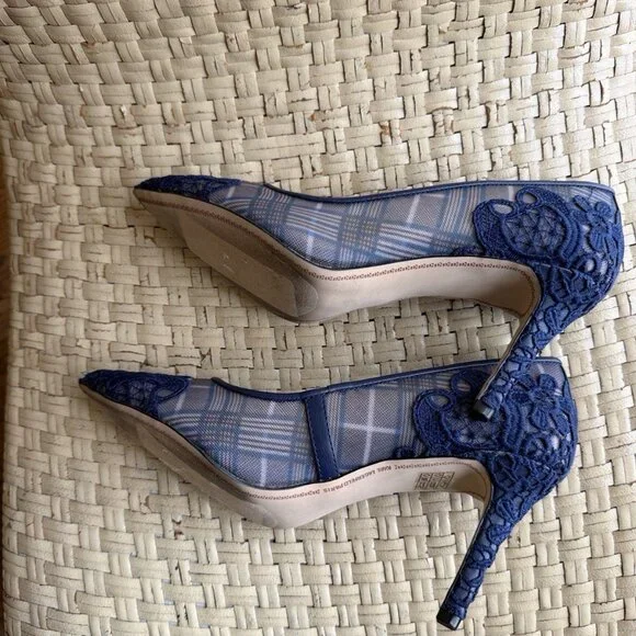 Karl Lagerfeld Women’s Blue Plaid / lace High Heel Shoes Beautiful Perfect - Picture 6 of 7